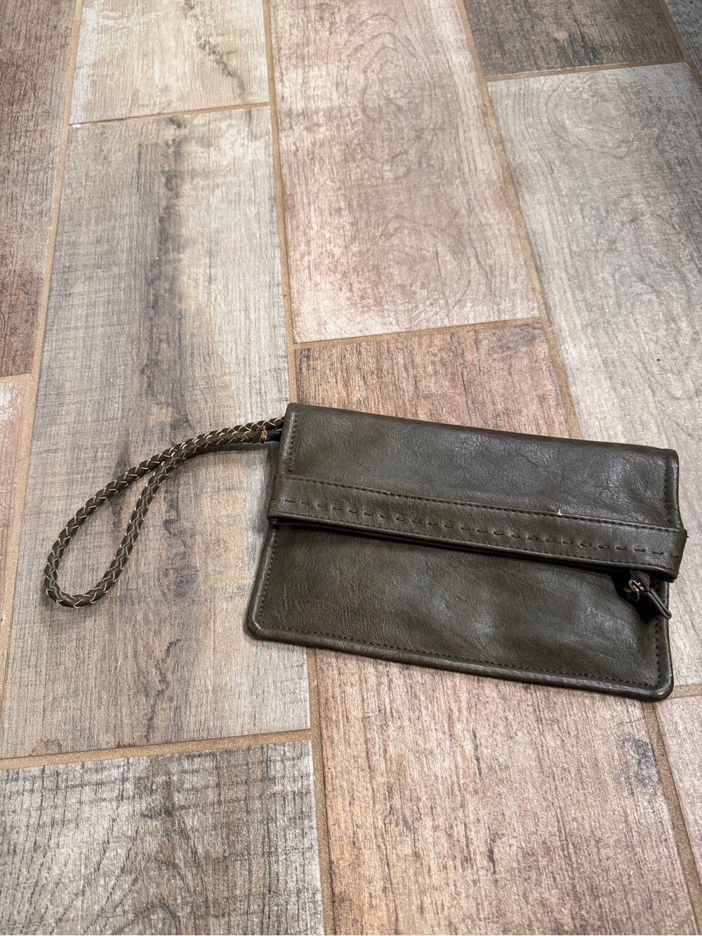 Vintage Olive Green Fold-Over Wristlet Clutch with Braided Strap